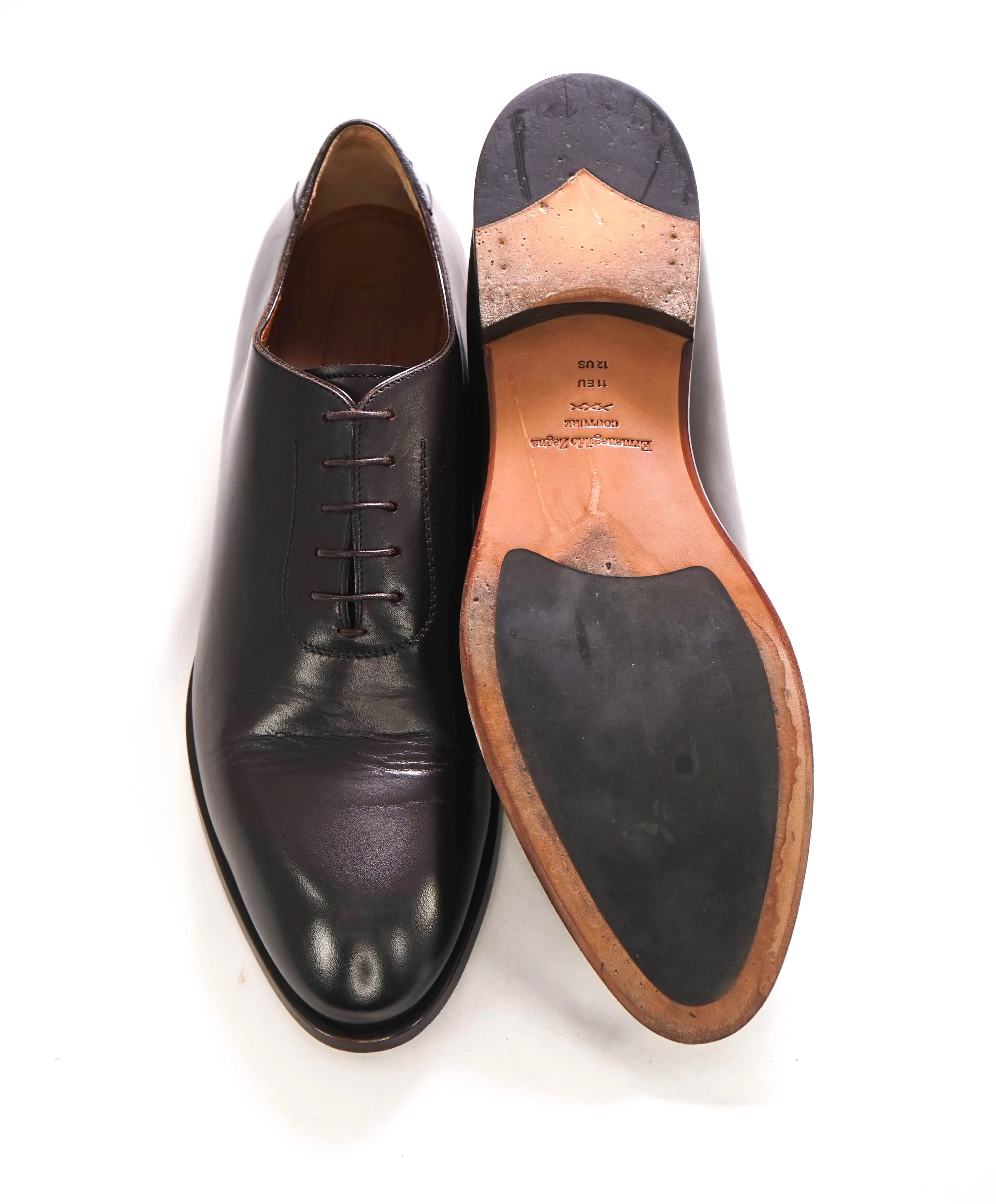 $1,290 ERMENEGILDO ZEGNA - WholeCut Brown Leather "X Logo Back" Oxfords - 11 US