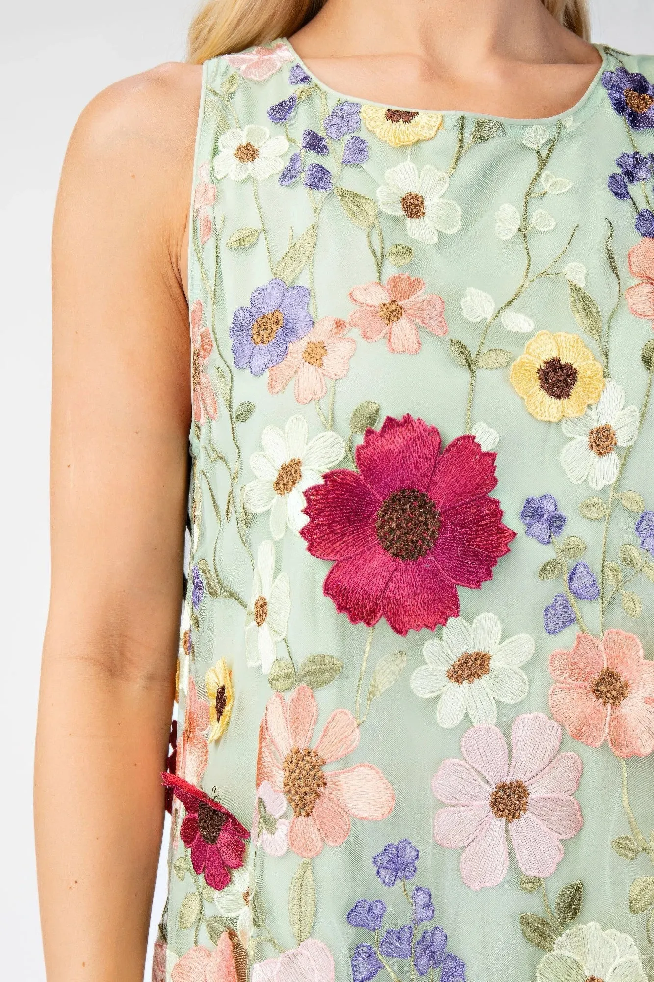 3d Floral Embroidered Sleeveless Mini Dress