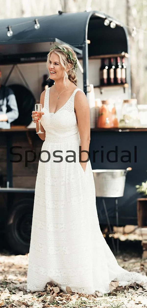 A-line Lace Chic Elegant Rustic Beach Long Wedding Dresses WD0543