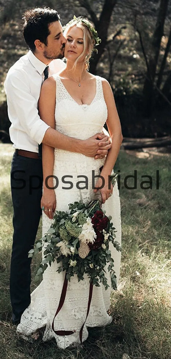 A-line Lace Chic Elegant Rustic Beach Long Wedding Dresses WD0543
