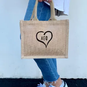 Alpha Epsilon Phi Heart and Sorority Letters Burlap Tote Bag