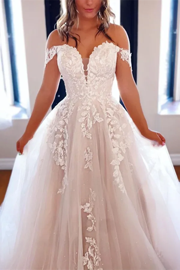 Anneprom Chic A line Off the shoulder Wedding Dress Tulle Applique Bridal Formal Dresses APW0386
