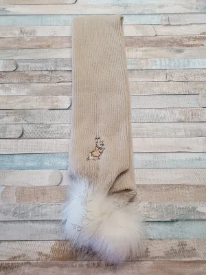 Baby Beige Knitted Rabbit Scarf With Beige Fluffy Faux Fur Pom Pom
