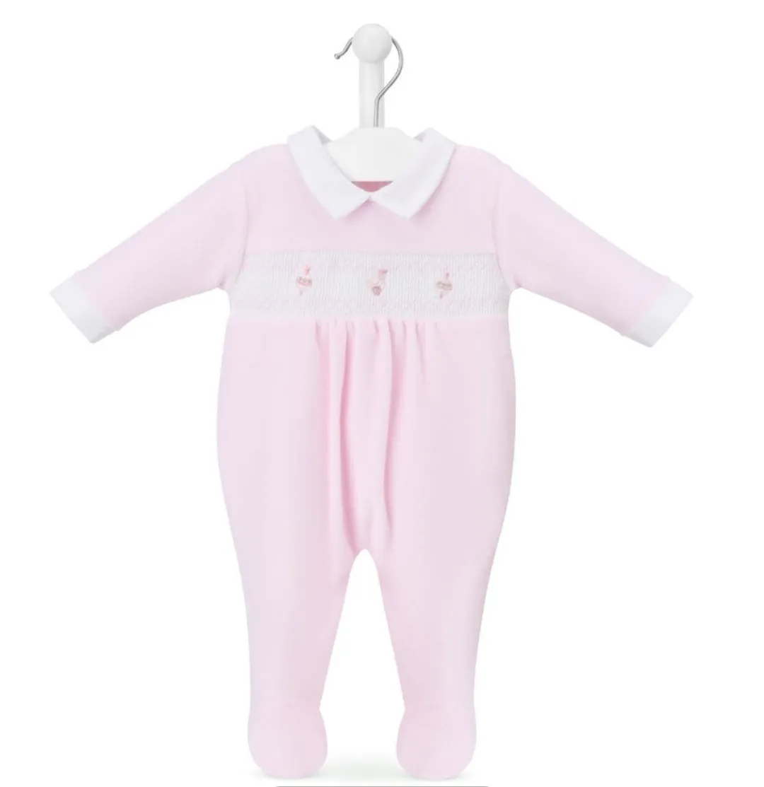 Baby Girls Pink Velour Spinning Top Smocked Sleepsuit