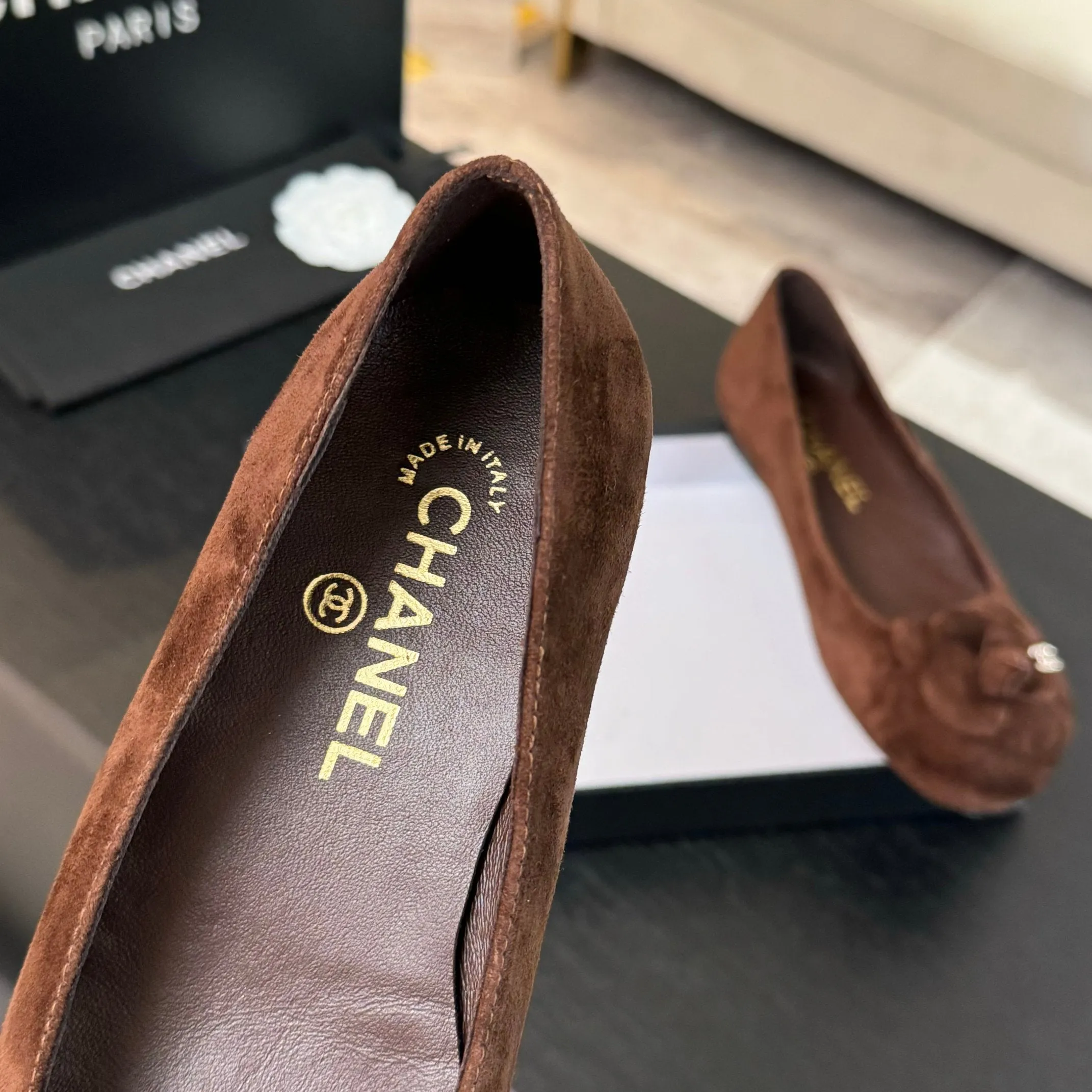 BALLET FLATS IN CHOCOLATE BROWN SUEDE WITH CAMELLIA