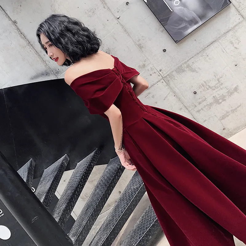 Beautiful Velvet Off Shoulder Black Tea Length Evening Dresses, New Chic Prom Dress
