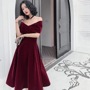 Beautiful Velvet Off Shoulder Black Tea Length Evening Dresses, New Chic Prom Dress