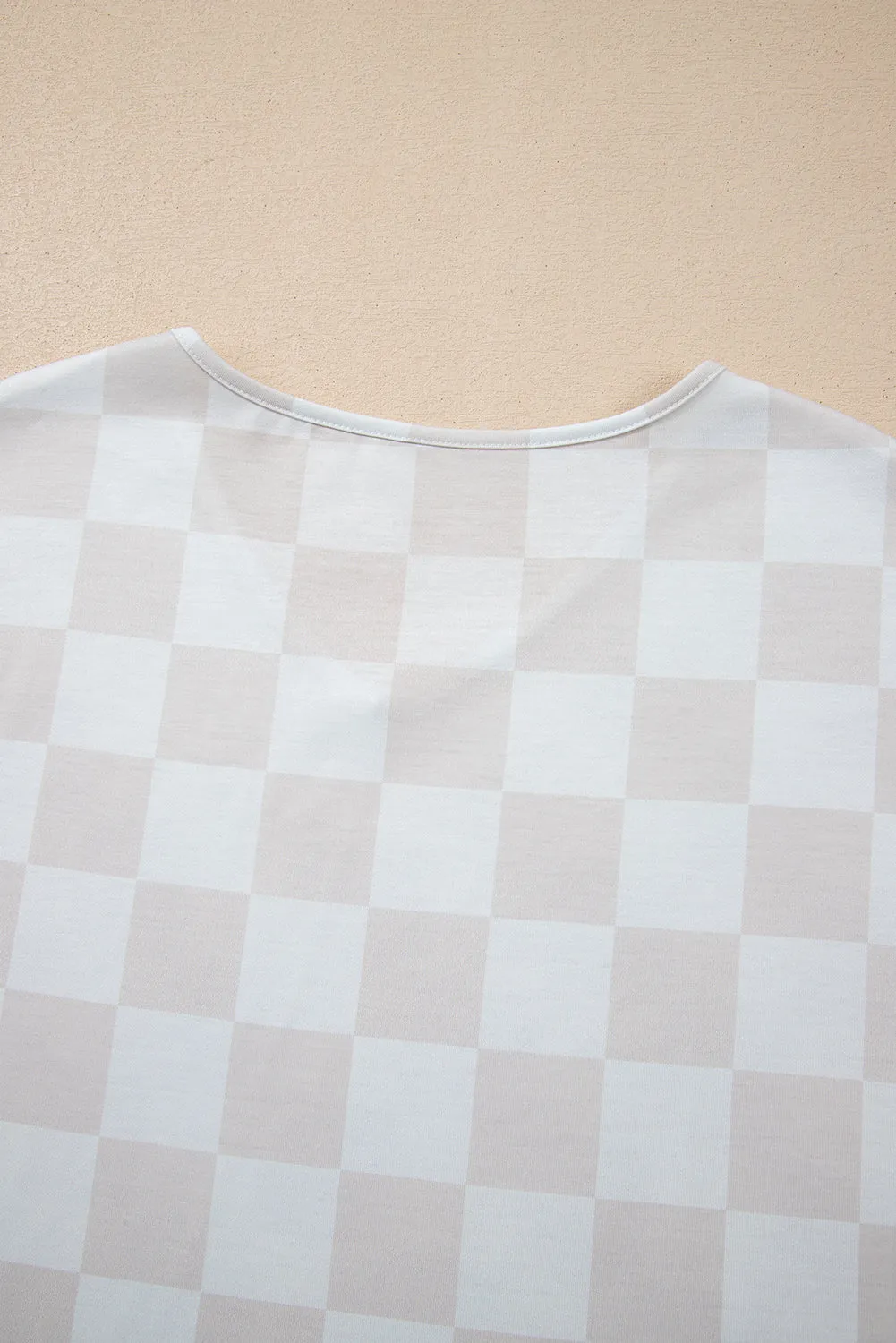 Beige Checkered V Neck Tee Drawstring Shorts Lounge Set