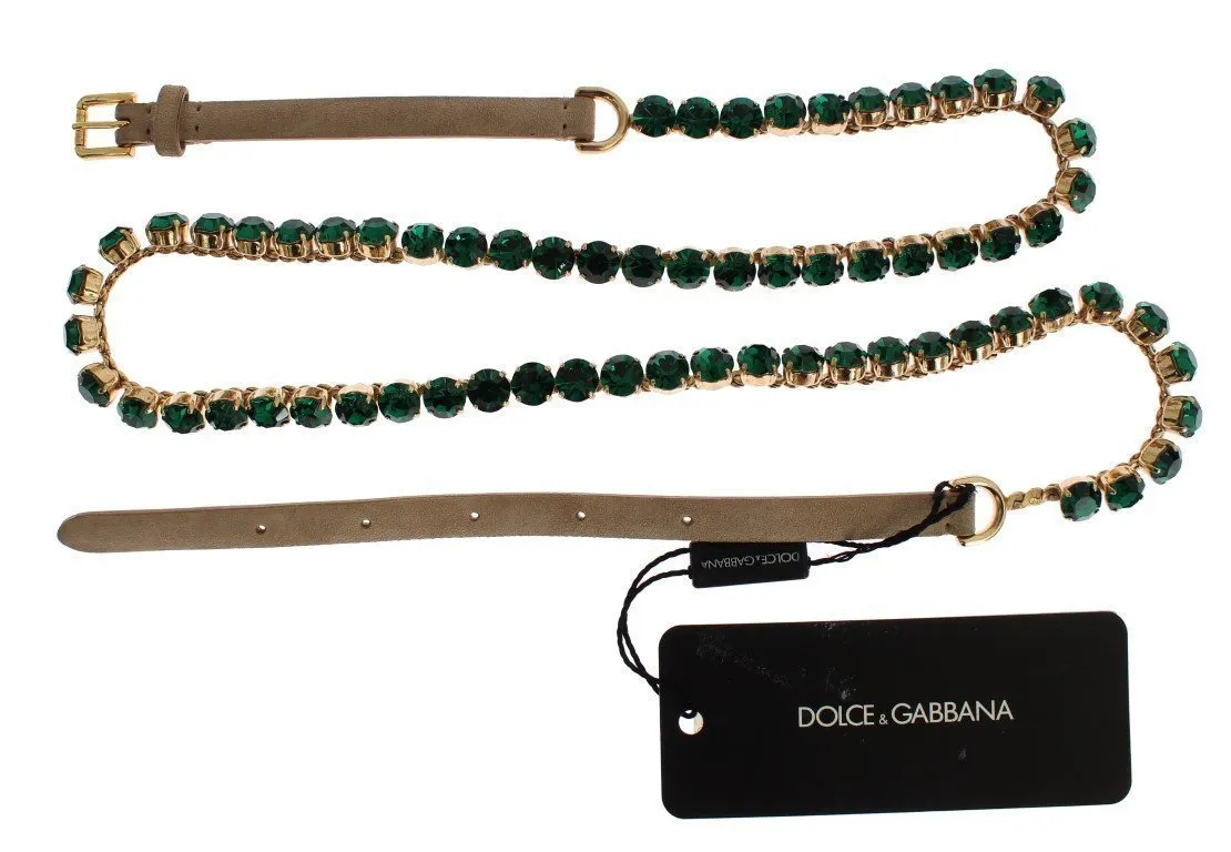 Beige Suede Leather Green Crystal Belt