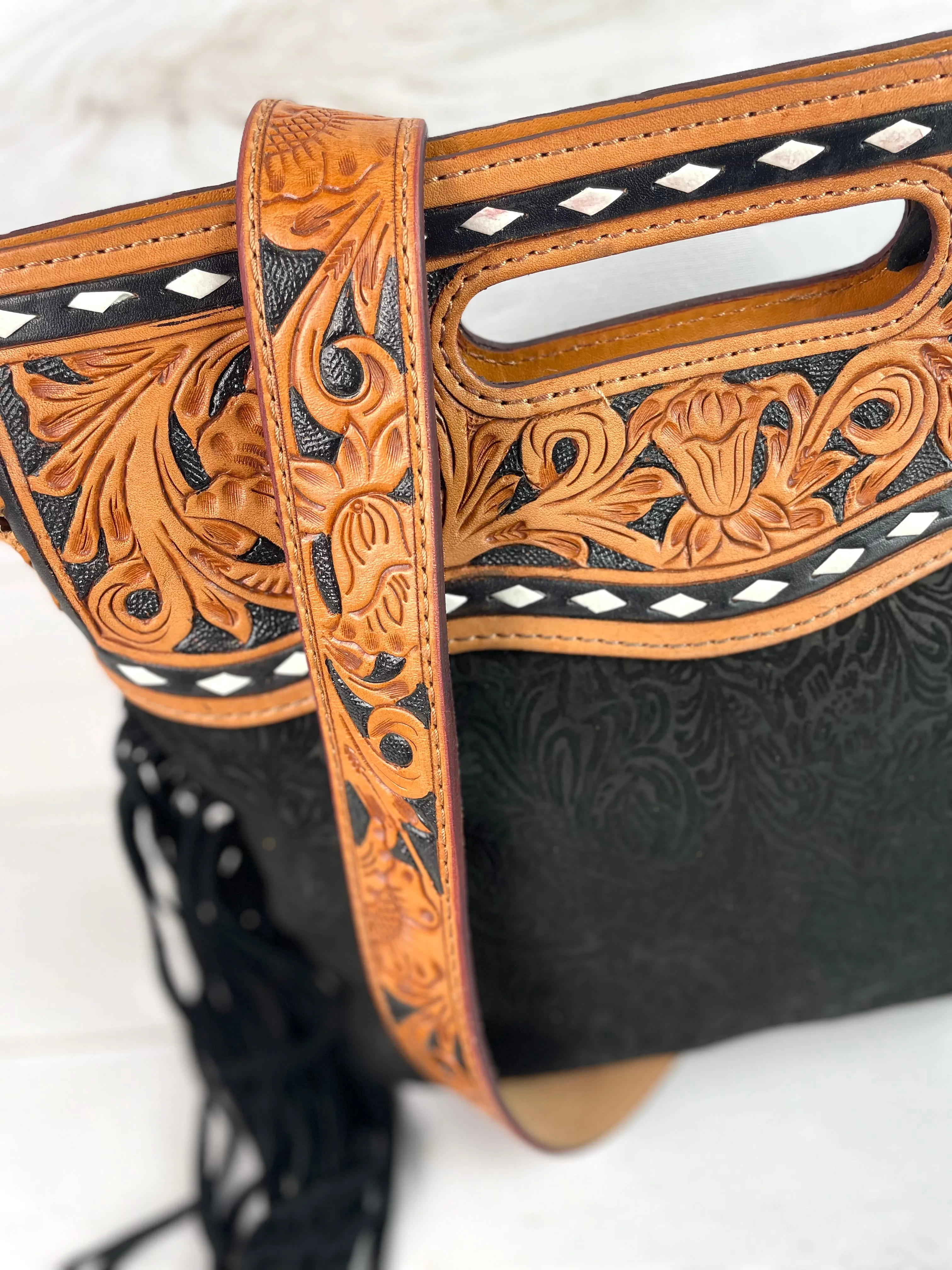 Black Canyon Handle Cross Body Bag - Pattern Black Suede Brocade Design