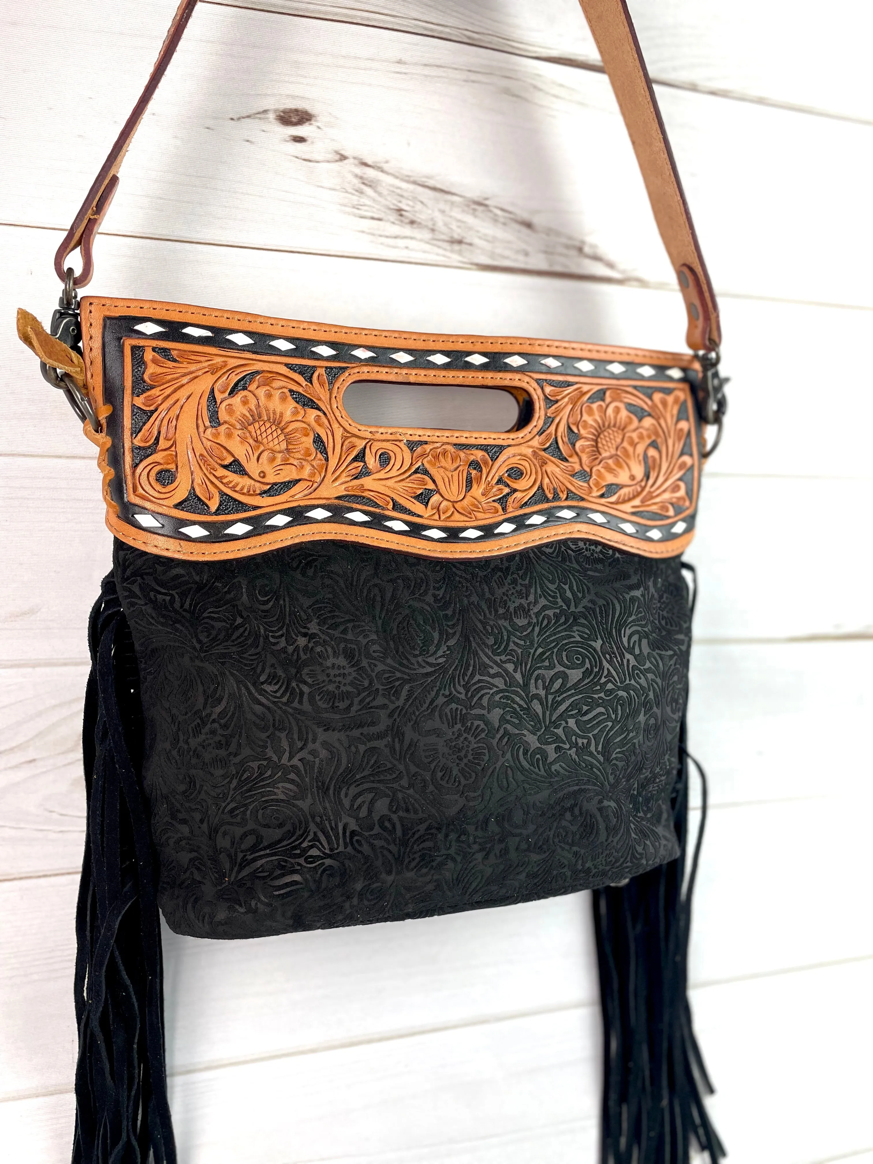 Black Canyon Handle Cross Body Bag - Pattern Black Suede Brocade Design