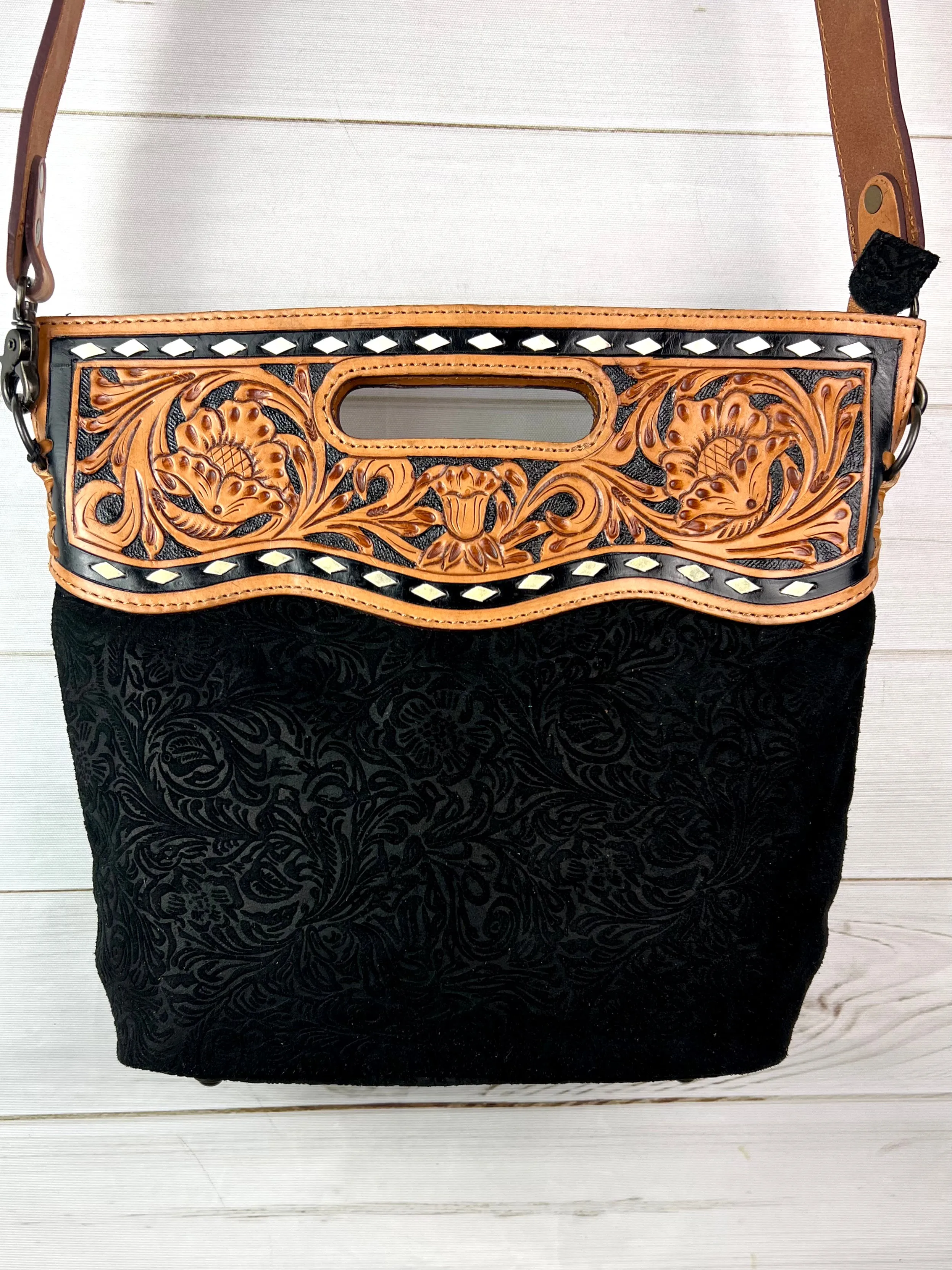 Black Canyon Handle Cross Body Bag - Pattern Black Suede Brocade Design