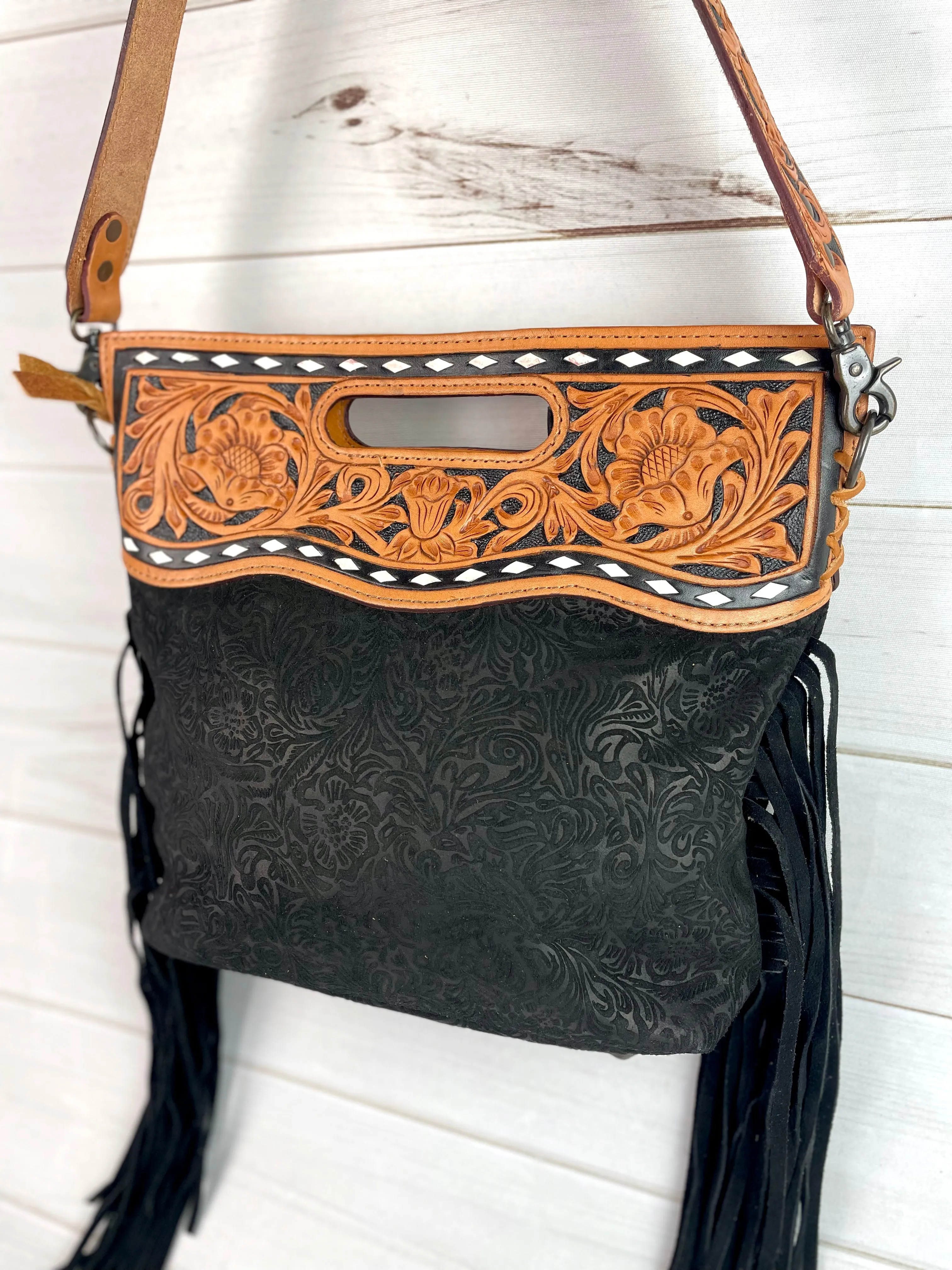Black Canyon Handle Cross Body Bag - Pattern Black Suede Brocade Design