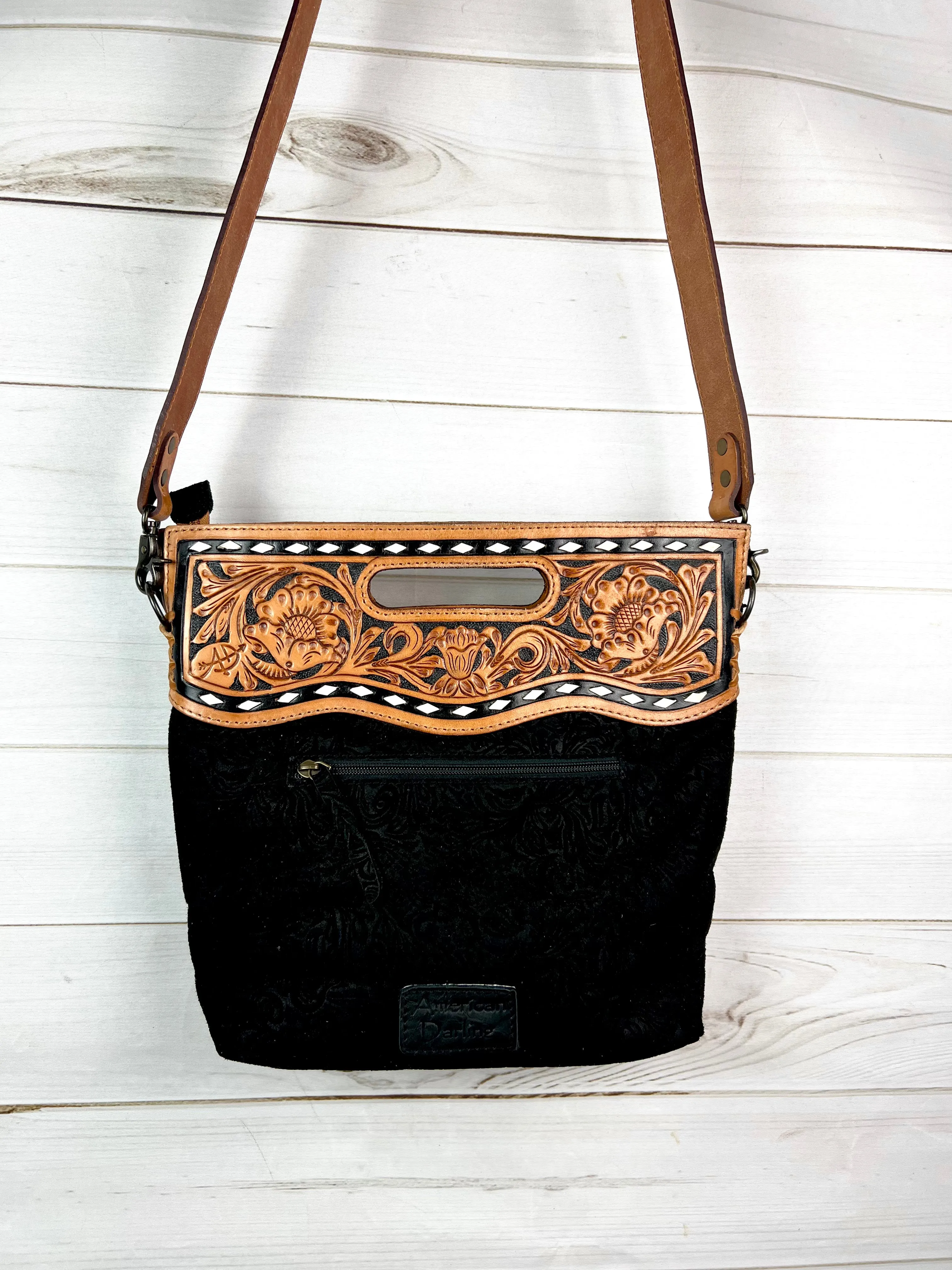 Black Canyon Handle Cross Body Bag - Pattern Black Suede Brocade Design