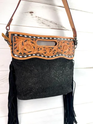 Black Canyon Handle Cross Body Bag - Pattern Black Suede Brocade Design
