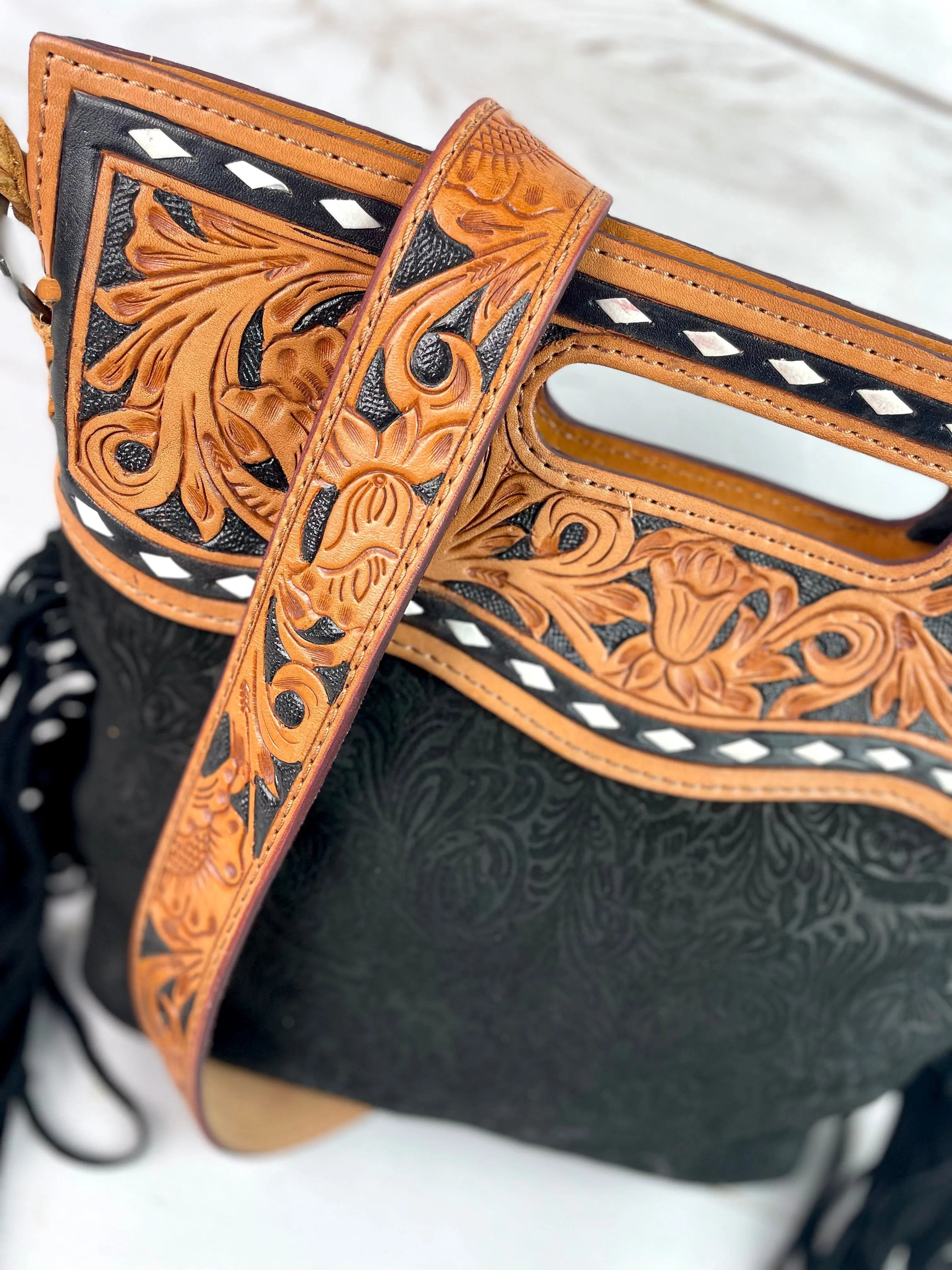 Black Canyon Handle Cross Body Bag - Pattern Black Suede Brocade Design