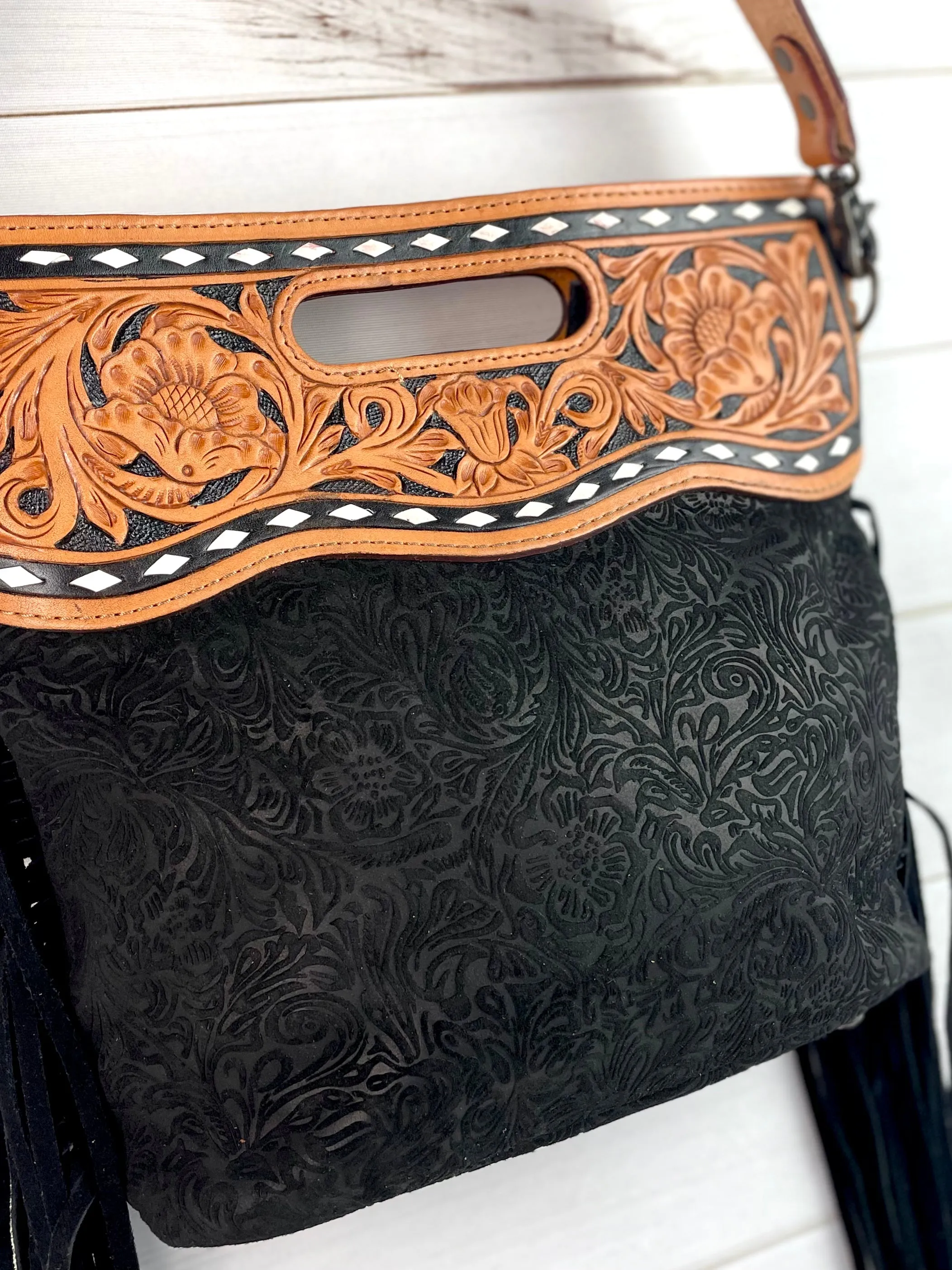 Black Canyon Handle Cross Body Bag - Pattern Black Suede Brocade Design