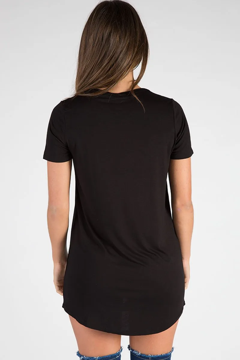 Black Laser Cut Eagle Graphic T Shirt Dress - Lola