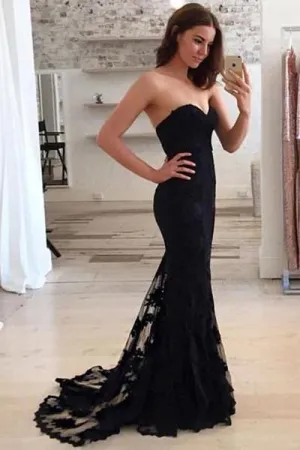 Black Mermaid Lace Sweetheart Long Prom Dress, Chic Party Dress, Evening Dresses, MP129
