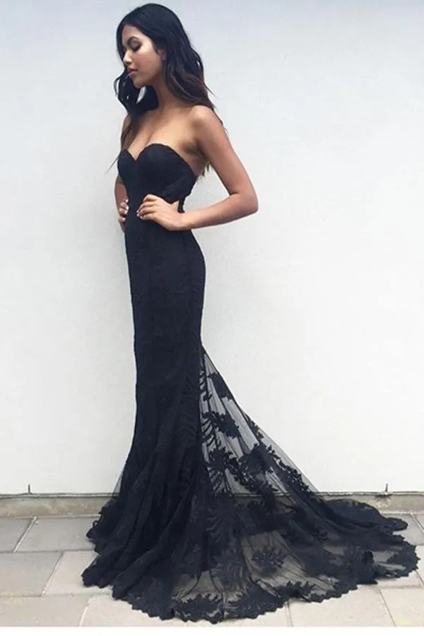 Black Mermaid Lace Sweetheart Long Prom Dress, Chic Party Dress, Evening Dresses, MP129