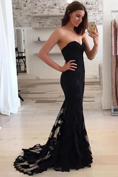 Black Mermaid Lace Sweetheart Long Prom Dress, Chic Party Dress, Evening Dresses, MP129