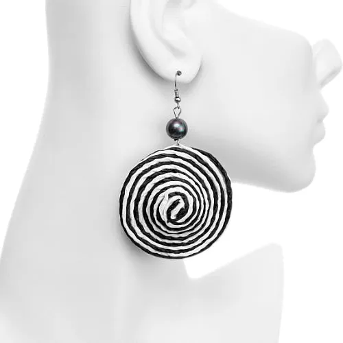 Black White Swirl Bead Woven Dangle Earrings