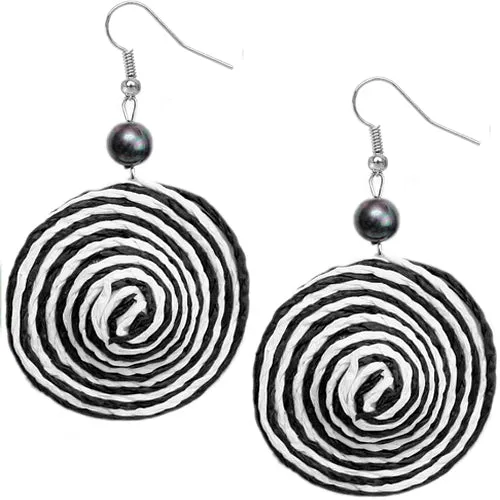 Black White Swirl Bead Woven Dangle Earrings
