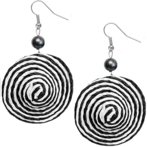 Black White Swirl Bead Woven Dangle Earrings