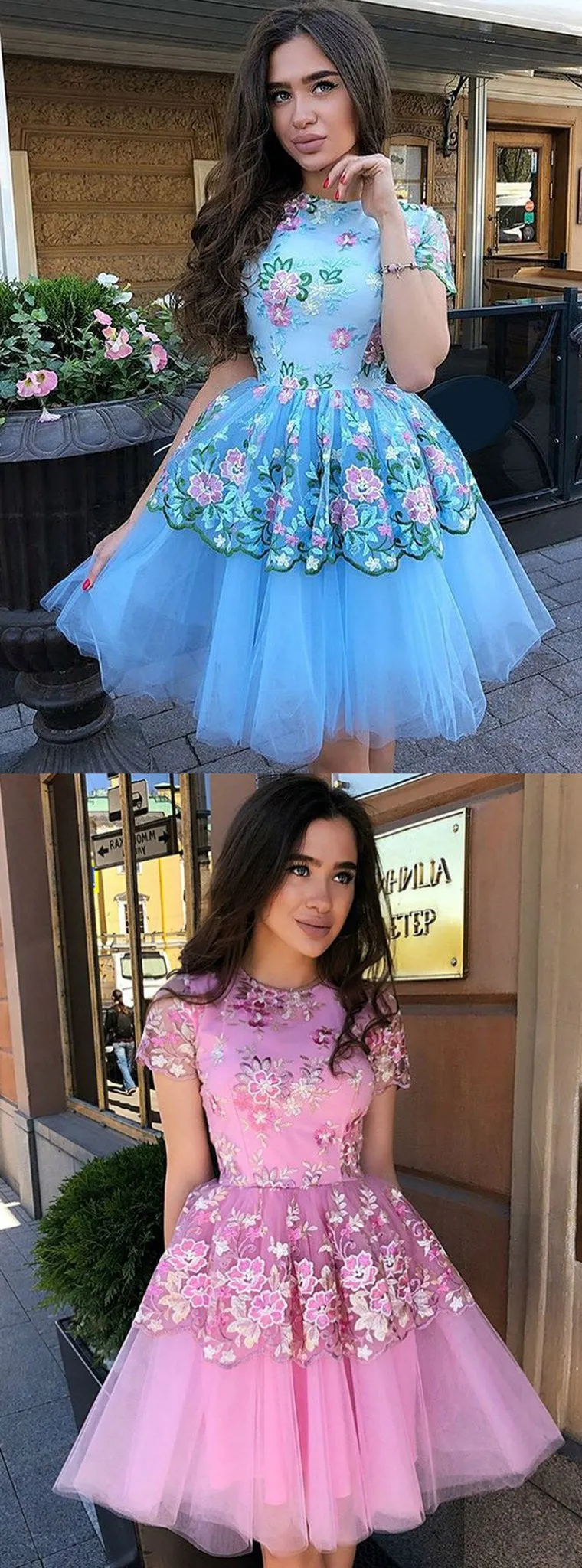 Blue Floral Prints Tulle Short Sleeves A Line Chic Homecoming Dresses OKE9