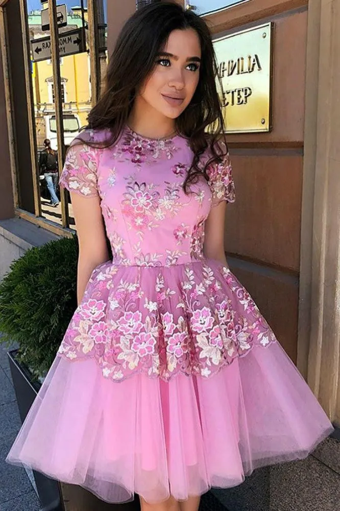 Blue Floral Prints Tulle Short Sleeves A Line Chic Homecoming Dresses OKE9