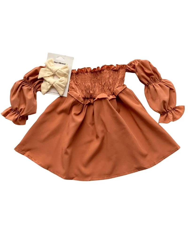 Calliope Puff Sleeve Off Shoulder Dress - Clay