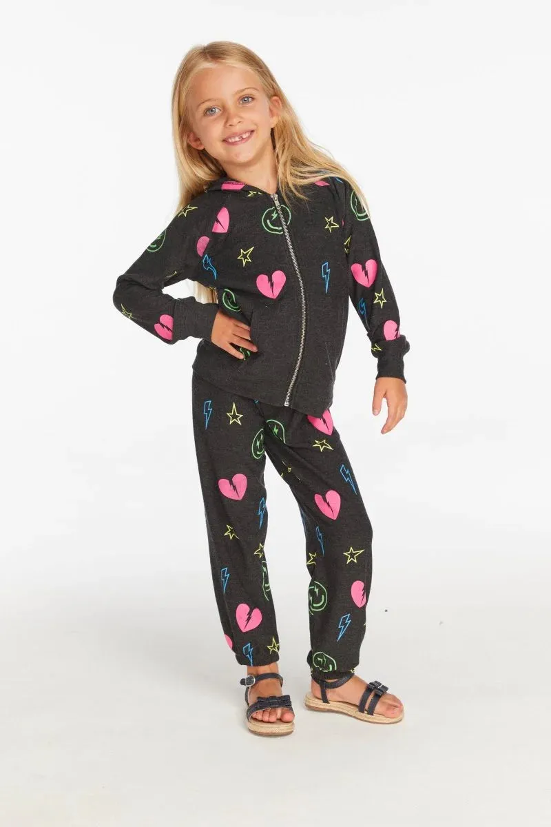Chaser- Neon Hearts & Smiles Zip Up Hoodie (Black)
