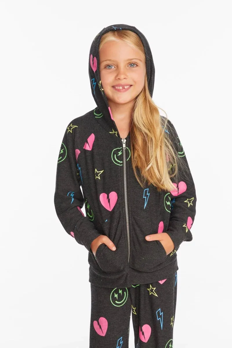 Chaser- Neon Hearts & Smiles Zip Up Hoodie (Black)