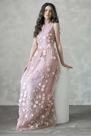 Chic A-line Long Pink Flowers Applique Cheap Prom Dresses OK883