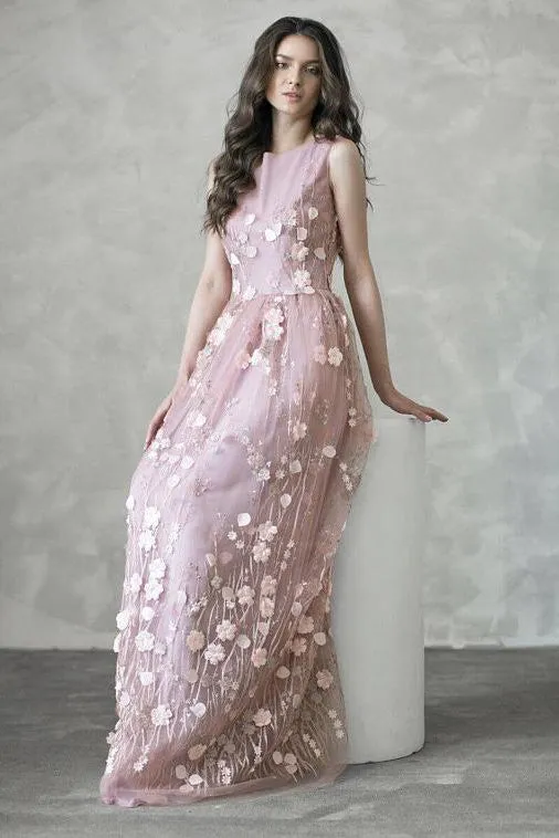 Chic A-line Long Pink Flowers Applique Cheap Prom Dresses OK883
