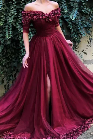 Chic Burgundy Off the Shoulder Maroon A Line Long Tulle Pom Dresses New OKG91