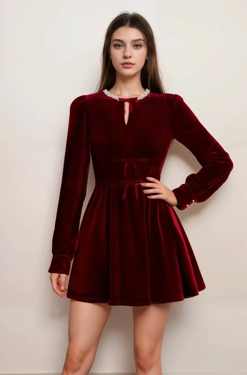 Chic Red Velvet Long Sleeve Mini Dress with Pearl Embellishments and Bow Detail