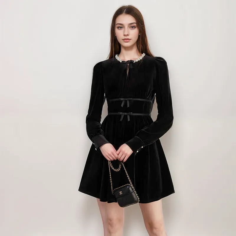 Chic Red Velvet Long Sleeve Mini Dress with Pearl Embellishments and Bow Detail