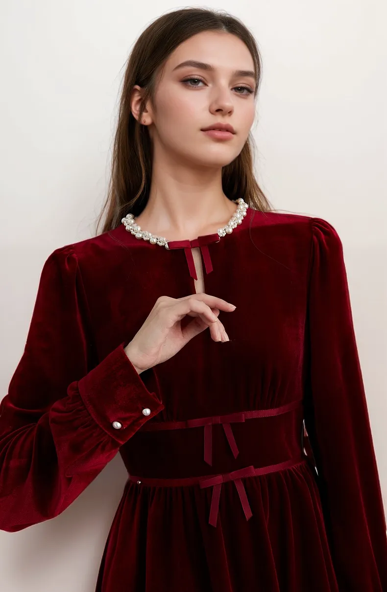 Chic Red Velvet Long Sleeve Mini Dress with Pearl Embellishments and Bow Detail