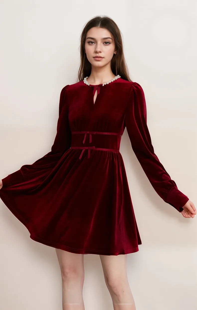 Chic Red Velvet Long Sleeve Mini Dress with Pearl Embellishments and Bow Detail
