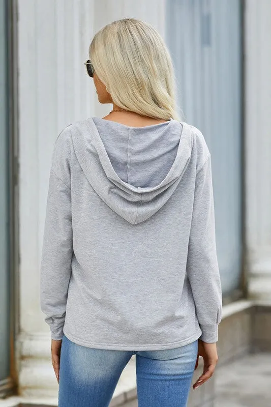 Cotton Mix Vneck Hoodie Top
