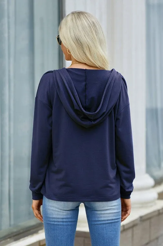 Cotton Mix Vneck Hoodie Top