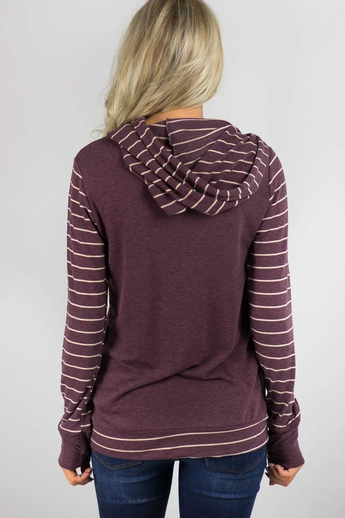 Cozy Striped Sleeve Hoodie - Deep Purple