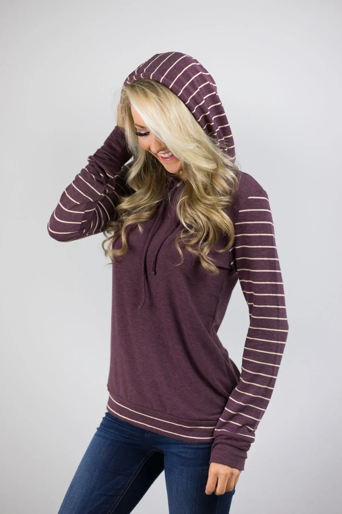 Cozy Striped Sleeve Hoodie - Deep Purple