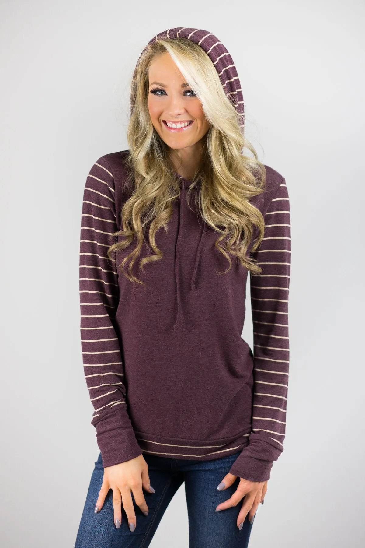 Cozy Striped Sleeve Hoodie - Deep Purple