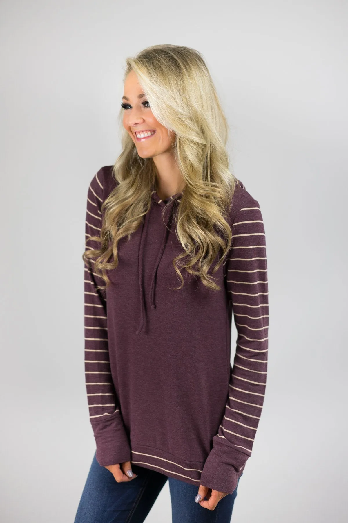 Cozy Striped Sleeve Hoodie - Deep Purple