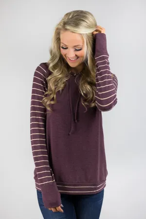 Cozy Striped Sleeve Hoodie - Deep Purple
