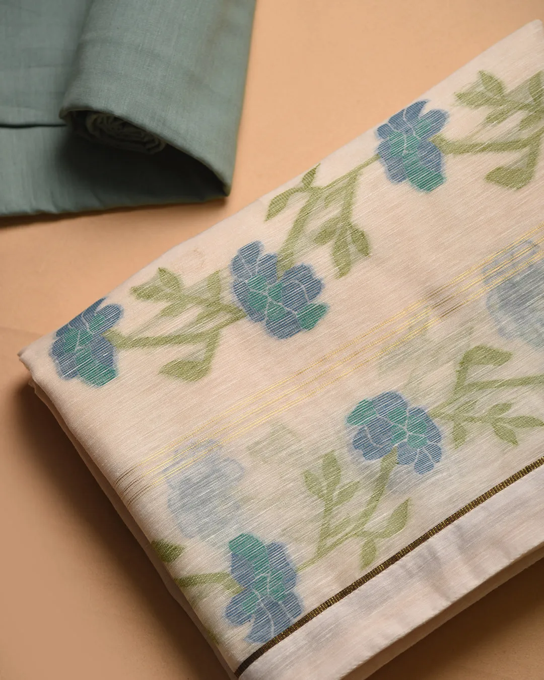 Cream With Turquoise Chanderi Jamdani Woven Unstitched Suit Fabric Set With Chanderi Woven Dupatta