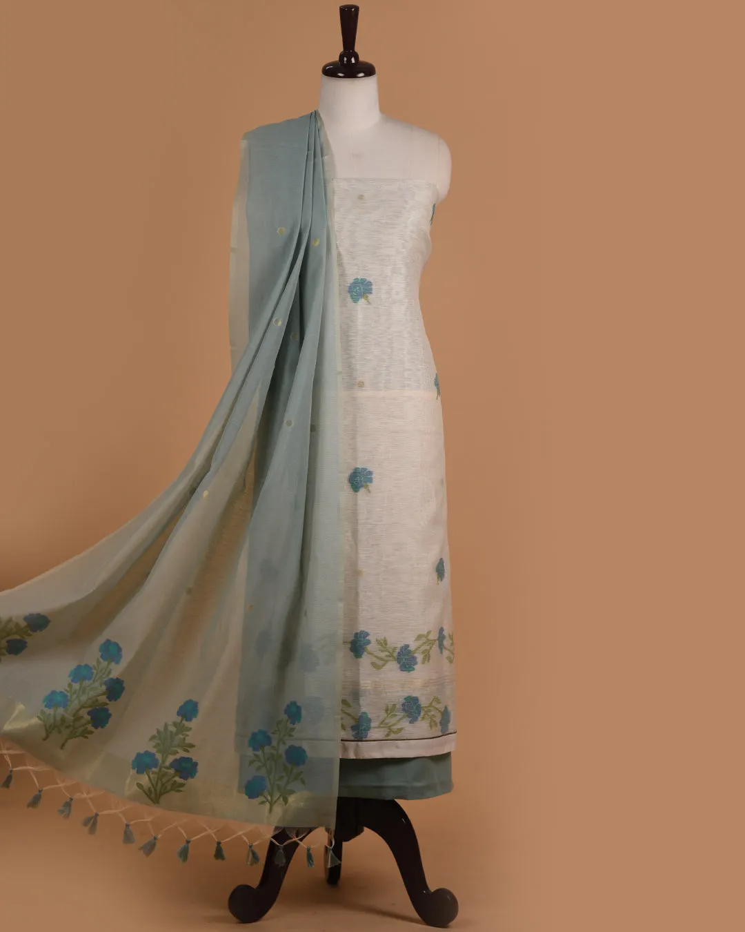 Cream With Turquoise Chanderi Jamdani Woven Unstitched Suit Fabric Set With Chanderi Woven Dupatta