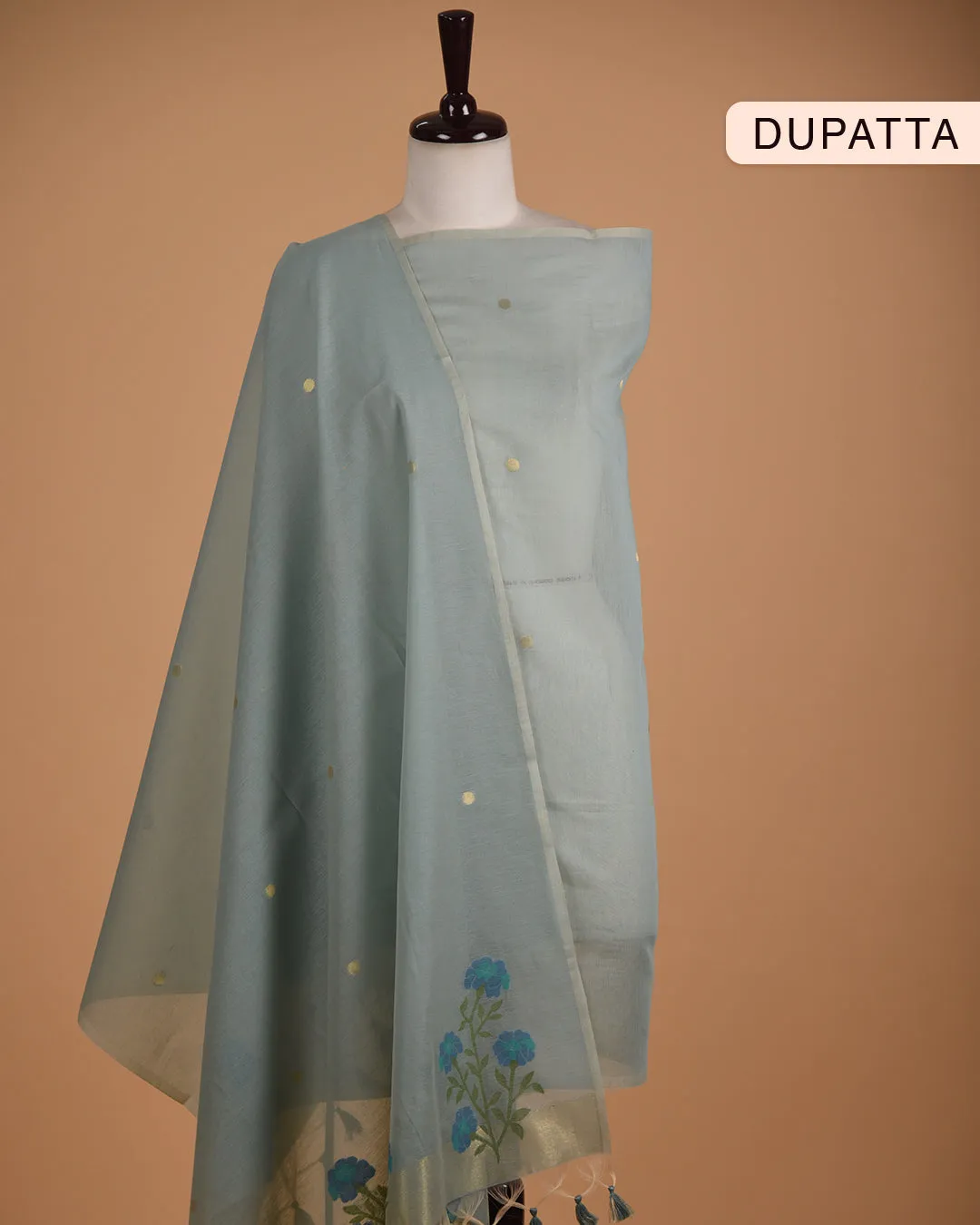 Cream With Turquoise Chanderi Jamdani Woven Unstitched Suit Fabric Set With Chanderi Woven Dupatta